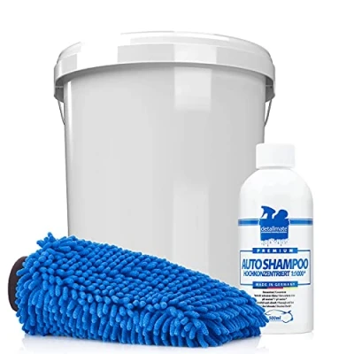 Afbeelding van detailmate Auto &amp; motorfiets wasset: autoshampoo 500 ml concentraat + 3,5 GAL wasemmer met deksel microvezel chenille washandschoen