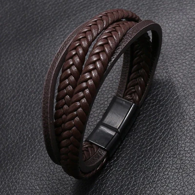 Afbeelding van Heren Armband Leer met Dubbele Vlecht Bruin Zwarte Sluiting Leren Armbanden Cadeau voor Man Mannen Cadeautjes