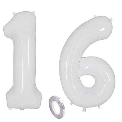 Afbeelding van verjaardagsdecoratie witte ballonnen cijfer 16e meisjes jongens, cijfers ballon verjaardag decoratie, 101 cm heliumballon 16 jaar meisje jongen