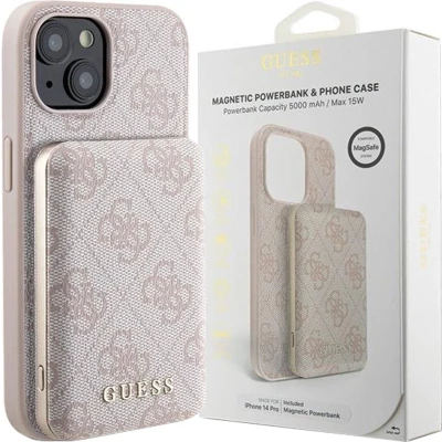 Afbeelding van Guess 4G Metal Logo hoesjeset voor iPhone 15 + 5000mAh MagSafe powerbank roze