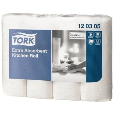 Afbeelding van Tork Extra Absorberende Keukenrol Wit, Premium, 3 laags, 4 x 51 ark per rulle, 120305