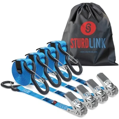 Afbeelding van Ratelriemen 5 m 25 mm met S linguet haken 800daN U vormig Set van 4 tassen Ideaal op bevestigingsring: aanhanger, bedrijfswagen, kofferbak, vrachtwagen, motorcrosstransport, quad Sturdlink®