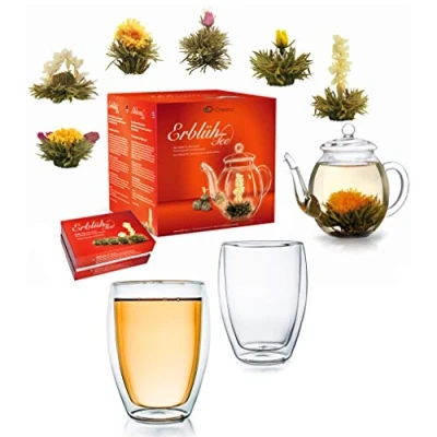 Afbeelding van Creano Theebloemen Mix cadeauset bloeithee met glazen kan &amp; 2 x 250 ml thermoglazen witte thee (in 6 soorten)