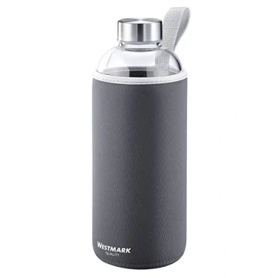 Afbeelding van Westmark Drinkfles, met opdruk, incl. beschermhoes, 1000 ml, glas/siliconen/rubber, BPA vrij, Viva, antraciet/zilver/doorzichtig, 5274226A