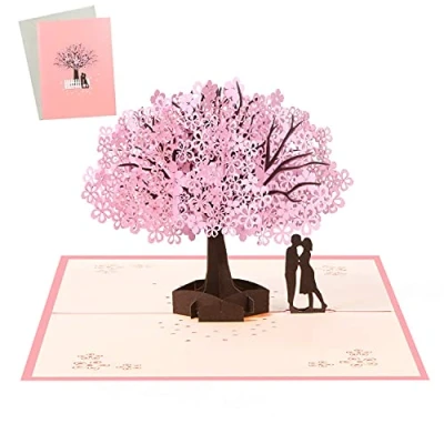 Afbeelding van Vicloon 3D kaart, wenskaart, valentijnskaart, verjaardagskaart, bruiloftskaart met envelop, sakura koppel voor verjaardag, Kerstmis, Nieuwjaar, roze, Thanksgiving cadeaus