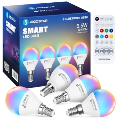 Afbeelding van Aigostar Mesh Smart Lamp Bluetooth G45 6.5W, Slimme LED Lampen Werkt met Alexa, Bulb E14 555LM RGB &amp; 2700K 6500K, 4 Stuks (met afstandsbediening)