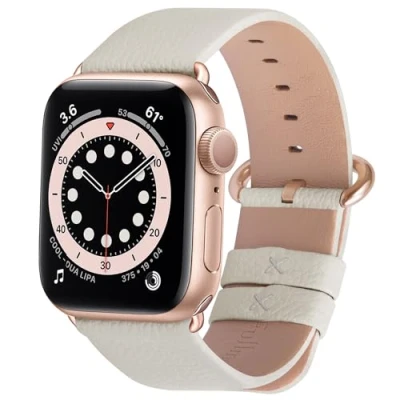 Afbeelding van Fullmosa Compatibel met Apple Watch Band41mm Series 8 7, SE 6/5/4 40mm, 3/2/1 38mm, lederen vervangende armband, 38/40/41mm Ivory White + rose goud gesp