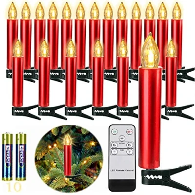 Afbeelding van FREEPOWER 10 LED Kaarsen Rood Draadloos Kerstboomkaarsen met Afstandsbediening Timer Warmwit Flikkeren Waterdicht Kerstkaarsen Binnen Buiten Kerstverlichting Kerstdecoratie（met batterijen）