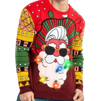 Afbeelding van JOYIN Lelijke kersttrui voor heren, grappige Ugly Christmas sweater, led met ingebouwde gloeilampen, kersttrui, familieset, rendier, gezinnen en mannen, rood, S