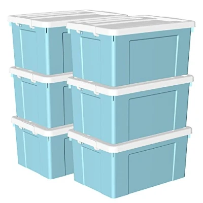 Afbeelding van Cetomo 65L x 6 opbergdozen, plastic opbergdoos met deksels, organiserende container veilige sluitgespen, stapelbaar, nestbaar, draagtas voor thuiskantoor kleding, 6Pack, blauw