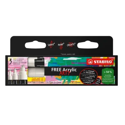 Afbeelding van STABILO FREE Acryl Marker Mixed Tip Set Wit 3 Verschillende Sizes