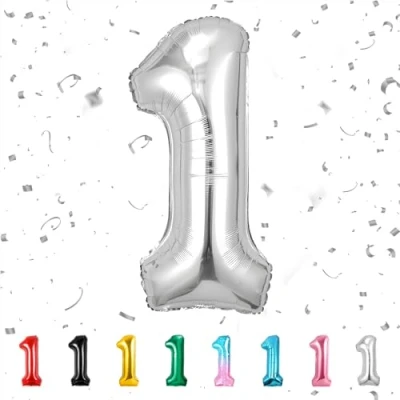 Afbeelding van Alloon verjaardagsdecoratie, zilveren ballon voor 1 jaar, folieballon 1, meisjes en jongens, in 101 cm, kinderverjaardag, vliegt met helium