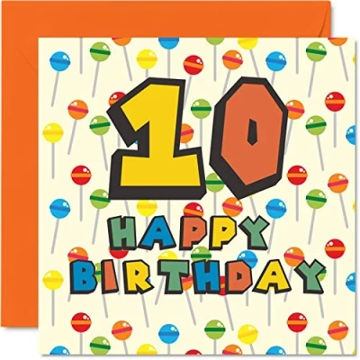 Afbeelding van 10e verjaardagskaart unisex Lolly Sweets Candy Happy Birthday Card 10 jaar oude zoon dochter broer zus kleinzoon kleindochter nichtje neef neef, 145mm x tiende verjaardag wenskaart