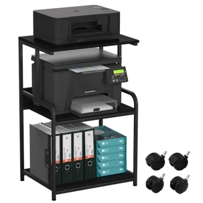 Afbeelding van 3 laags printerstandaard, printtafel met wieltjes, metalen printerwagen, printerrek voor kantoor, thuis, school en werkkamer, printerkast fax, kopieerapparaat, scanner (puur zwart)