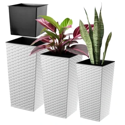 Afbeelding van KADAX Bloempotset, bloempot van kunststof, plantenbak, weerbestendige bloempot, voor binnen en buiten, (wit rotan, set 3 stuks)