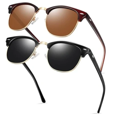 Afbeelding van KANASTAL Gepolariseerd Zonnebril Heren en Dames Retro 2 Paar Half Montuur Metal Zonnebrillen Klassiek Mode Met UV400 Bescherming Trekking Vierkante Unisex Glanzend Zwart Bruin
