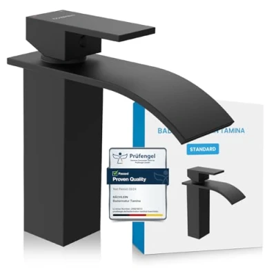 Afbeelding van Bächlein Waterval Badkraan in Waterfall Design, Eengreeps mengkraan met duurzame keramische cartridge en montage set, Mat Zwart