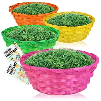 Afbeelding van COM FOUR® 4x kleurrijke manden van raffia en eikleuren als decoratie voor Pasen Paasnest in leuke kleuren Paasmand met paasgras (Reeks 1 kleurrijk)