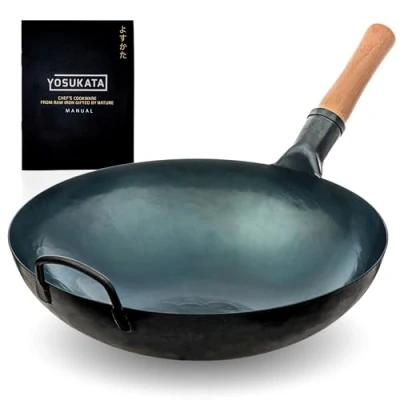 Afbeelding van YOSUKATA Koolstofstalen Wokpan en Roerbakpannen 36 cm Voorbehandelde Wok met Ronde Bodem Pow Traditionele Chinese Japanse Pan Compatibel gas open vuur (Blauw)
