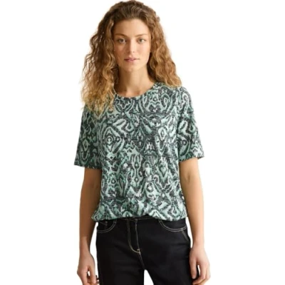 Afbeelding van Cecil MIT Ornamentmuster Tshirt print, Dames, Maat: XS, Grün