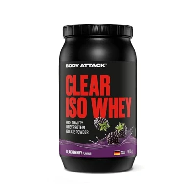 Afbeelding van Body Attack Clear Iso Whey Blackberry, 900 g, Made in Germany, verfrissend, helder weiproteïne isolaat, 24 g eiwit en 11.400 mg EAA&#039;s per Shake, suiker vetvrij