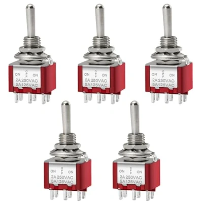 Afbeelding van Heschen Mini kiepknop, momentane type, MTS 223, aan/uit, DPDT, 6 polig, 2A 250V, 6A 125V, 5 stuks
