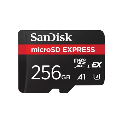 Afbeelding van SanDisk micro SD Express, 256GB kaart, leessnelheden Tot 880 MB/s, Schrijfsnelheid 480MB/s, 4,4 keer hogere dan bij onze snelste microSD UHS I kaarten, Class 10, U3