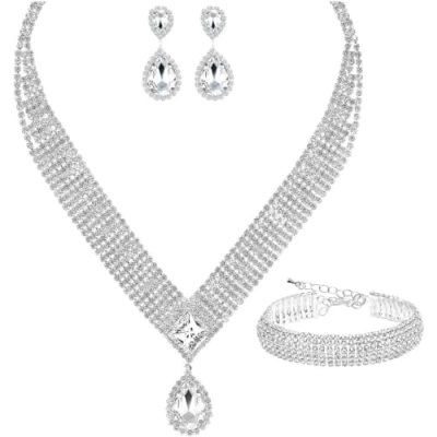 Afbeelding van TOEECY Dames Bruiloft Vintage Kristal Strass Hanger Ketting Waterdruppel Oorbel en Armband Sieraden, Metaal