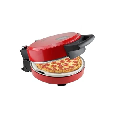 Afbeelding van Bestron Pizza oven voor knapperige pizza&#039;s in 5 10 minuten, elektrische pizzaoven met tot echte 320 C maximumtemperatuur, incl. vuurvaste steen en 2 grote houten spatels, Viva Italia, kleur: rood