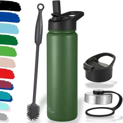 Afbeelding van Milu Roestvrijstalen drinkfles, 500 ml, 750 1000 ml (+ 3 deksels), thermosfles met rietje, geïsoleerde waterfles, lekvrije thermosbeker, dubbelwandig, geschikt voor koolzuurhoudende dranken, olijfgroen,