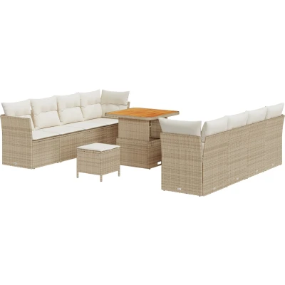 Afbeelding van vidaXL 11 delig Tuinbank Set met Kussens Beige Poly Rattan Acacia, 3 Tuin Eet Acacia