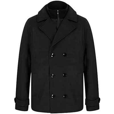 Afbeelding van Uxmal Double Breasted Wool Look Pea Coat with Quilted Mock Insert in Black Tokyo Laundry L