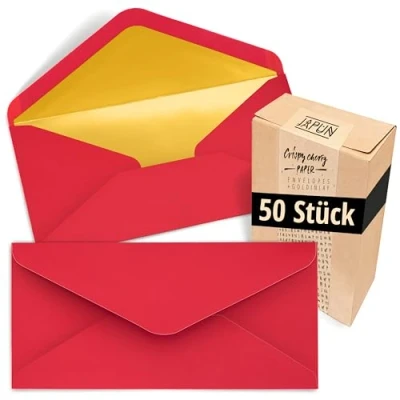 Afbeelding van Japun enveloppen (50 stuks), envelop zonder venster DIN lang 220 x 110 mm binnenkant: goud papierkleur: rood