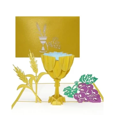 Afbeelding van 3D kaart, eerste communie, kelk en druiven, pop up kaart voor vormsel, vormsel als communiekaart, bedankkaart, klein cadeau, geldcadeau cadeau idee jongens meisjes