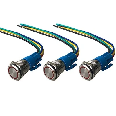 Afbeelding van QitinDasen 3 Stks Premium 16mm Momentary Drukknopschakelaar, 12 V/24 V 5A Auto Ontsteking Starter Schakelaar, Rood LED Licht IP67 Waterdichte Metalen Schakelaar met Socket Plug Wire