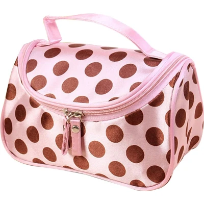 Afbeelding van Fako Fashion® Make Up Tasje Met Spiegel Cosmetica Organizer Toilettas Roze Bruine Stippen