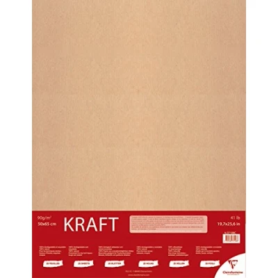 Afbeelding van Clairefontaine Ref 37108C Kraftpapier (25 vellen) 50 x 65cm formaat natuurlijk bruin, gladde zijde en geribbelde zijde, 90gsm papier, zuurvrij, pH neutraal