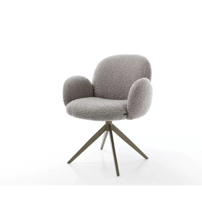 Afbeelding van Eetkamerstoel Nube Flex met armleuning kruisframe breed afwerking titaniumeffect bouclé zilver grijs pocketveer kern 360 draaibaar