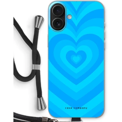 Afbeelding van Case Company® hoesje met Koord geschikt voor iPhone 16 Plus Hart Blauw Telefoonhoesje Zwart Bescherming aan alle Kanten en Over de Schermrand