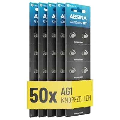 Afbeelding van ABSINA AG1 LR621 knoopcellen, verpakking van 50 stuks, 1,5 V alkaline lekvrij en met lange houdbaarheid, LR60, SR60, 1175S0, 164/602, 364, V30, SR621, knoopcelbatterijen, batterij