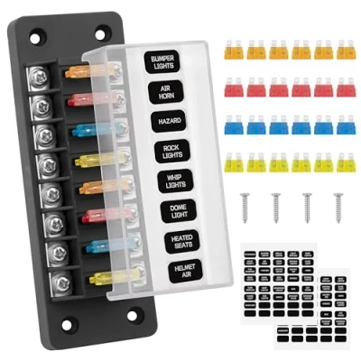 Afbeelding van GUNGY 8 weg zekeringbox, zekeringhouder, 12 V, autozekeringhouder met 24 zekeringen en stickers voor auto, boot, camper vrachtwagen