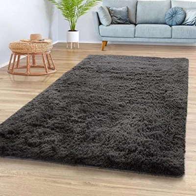 Afbeelding van Vloerkleed Woonkamer Hoogpolig Langpolig Zacht Soft Modern Eenkleurig Design, Kleur: Grijs Antraciet, Maat:160x220 cm