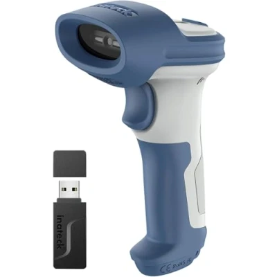 Afbeelding van Inateck Bluetooth Barcode Scanner, 2D Draadloze 5.0 en 2.4Ghz Adapter, 3 in 1 Reader, Ondersteuning GS1 Barcode, BCST 73 Blauw Wit