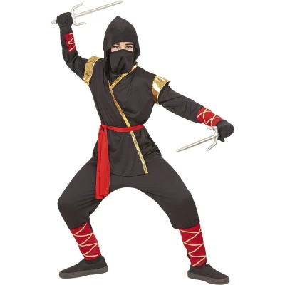 Afbeelding van Widmann Ninja kinderkostuum, bovendeel met capuchon, broek, riem, masker, arm en beenbanden, carnaval, themafeest