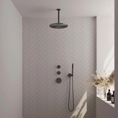 Afbeelding van Brauer Gunmetal Edition Regendoucheset inbouw hoofddouche 30cm plafondarm 3 gladde knoppen handdouche staaf 1 stand PVD geborsteld