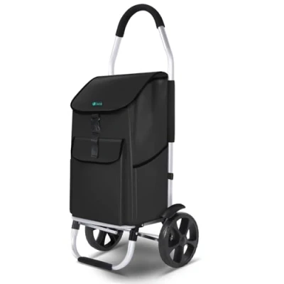 Afbeelding van VOUNOT Boodschappentrolley met 2 wielen van aluminium waterdicht vak, boodschappentrolley, opvouwbaar, in 1, trolleytas, zwart, 45 l