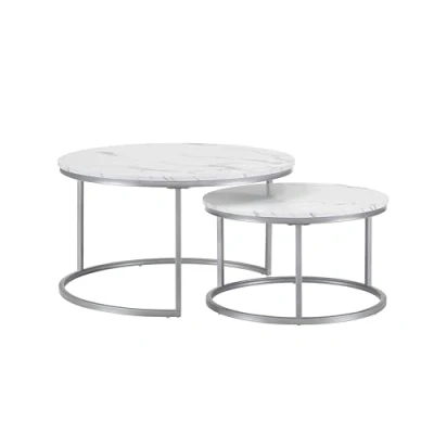 Afbeelding van hitsuki Salontafel, marmeren salontafel zilver, rond set van 2, woonkamertafel wit met metalen frame tafel woonkamer