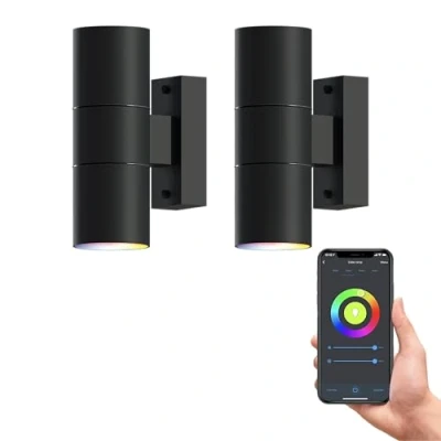 Afbeelding van Calex Slimme Up &amp; Down LED Wandlamp Set van 2 Stuks Zwart RVS Smart Buitenlamp App bedienbaar Voor binnen en Buiten