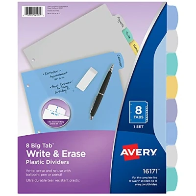Afbeelding van Avery Big Tab schrijven en wissen duurzame kunststof verdelers voor 3 ringmappen, 8 tabs sets, pastel veelkleurig, 24 192 verdeler (16171)