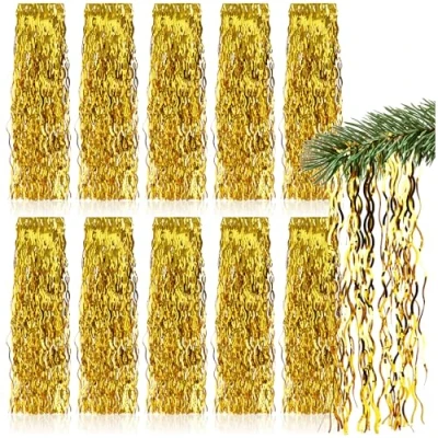 Afbeelding van com four® 10x Klatergoud goudkleurige klatergoudslinger voor kerst kerstboomdecoratie de dennenboom klatergoudgordijn met golvende draden